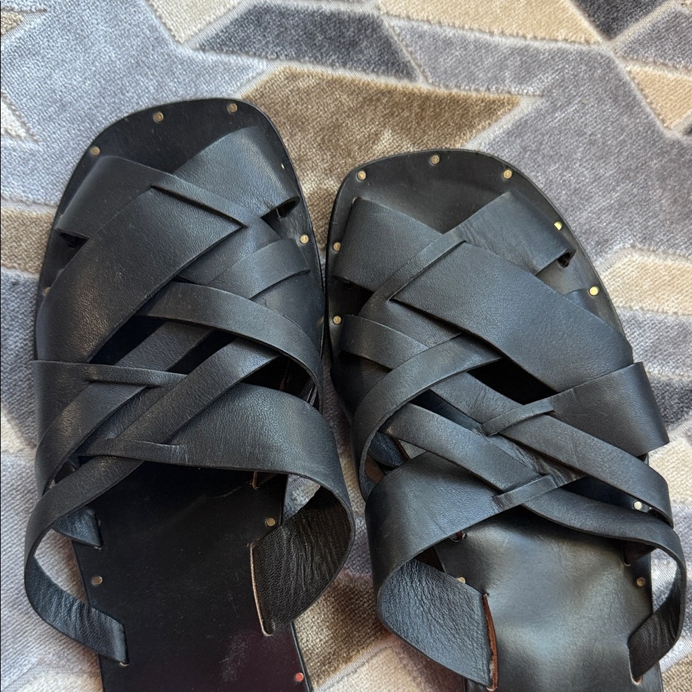 beek Black Braided Leather Slide Sandals with Stud Trim - Picture 3 of 4
